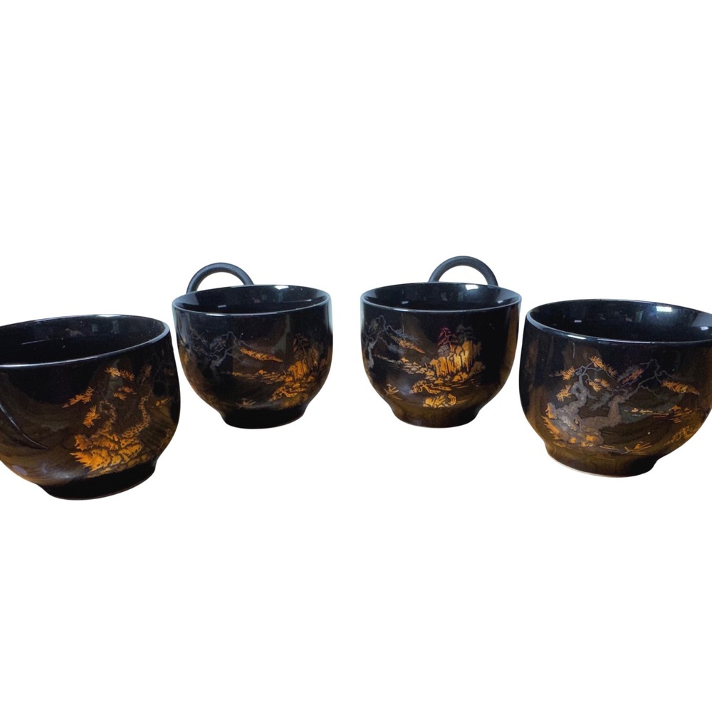 Vintage Japanese Black Porcelain Peacock Vase Ginger Jar Tea Cup Set 7pc Japan - Picture 15 of 15